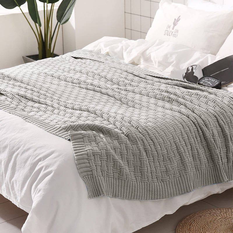 TREELY 100% Cotton Knitted Throw Blanket Couch Cover Blanket(50 x 60 Inches, Light Grey) - Image 4